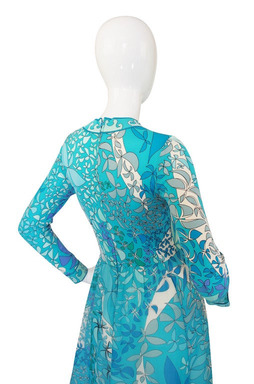 1970s Turquoise Blue Silk Bessi Maxi Dress 1