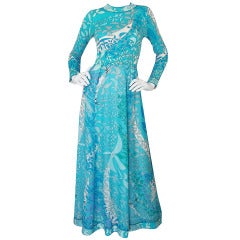 1970s Turquoise Blue Silk Bessi Maxi Dress