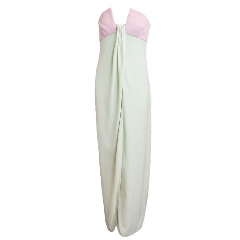 1970s Valentino Strapless Gown in Pink & Mint For Sale