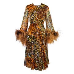Vintage 1970s Tiger Print & Feather Chiffon Dress