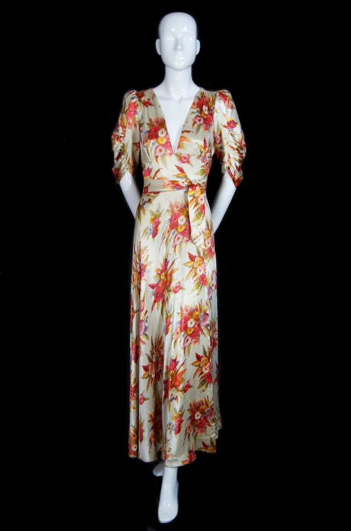 1930s Silk Slipper Satin Screened Gown 5