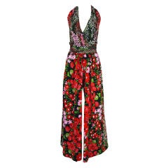 Vintage 1970s Floral Jersey Plunge Jumpsuit