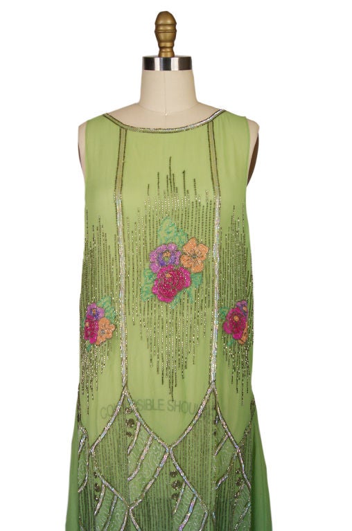 1920s Beaded Floral Green Flapper Dress 1