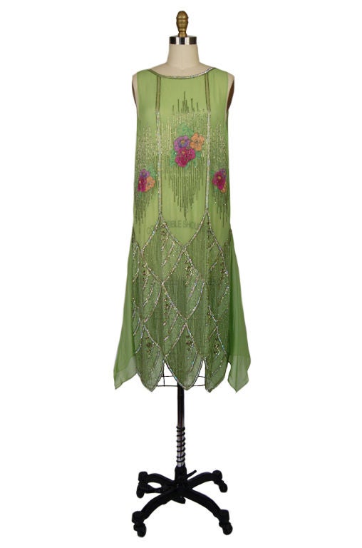1920s Beaded Floral Green Flapper Dress 5