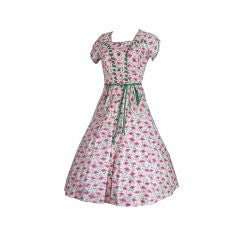 1940s Cotton Pink & Green Novelty Dress