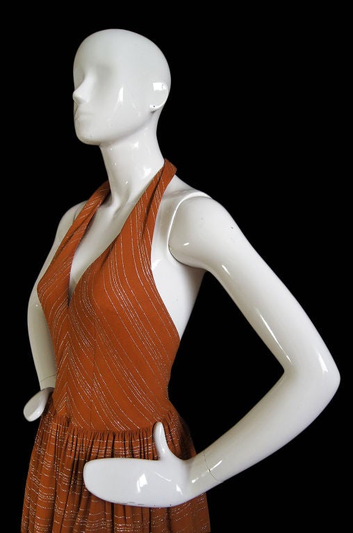 1970s Gold Shot Rust Silk Backless Gown