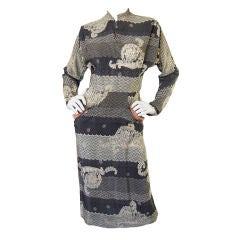 1940s Amazing Printed Silk Swing Dress