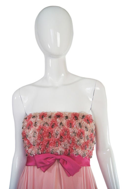1960s Pink Silk Chiffon Strapless Gown