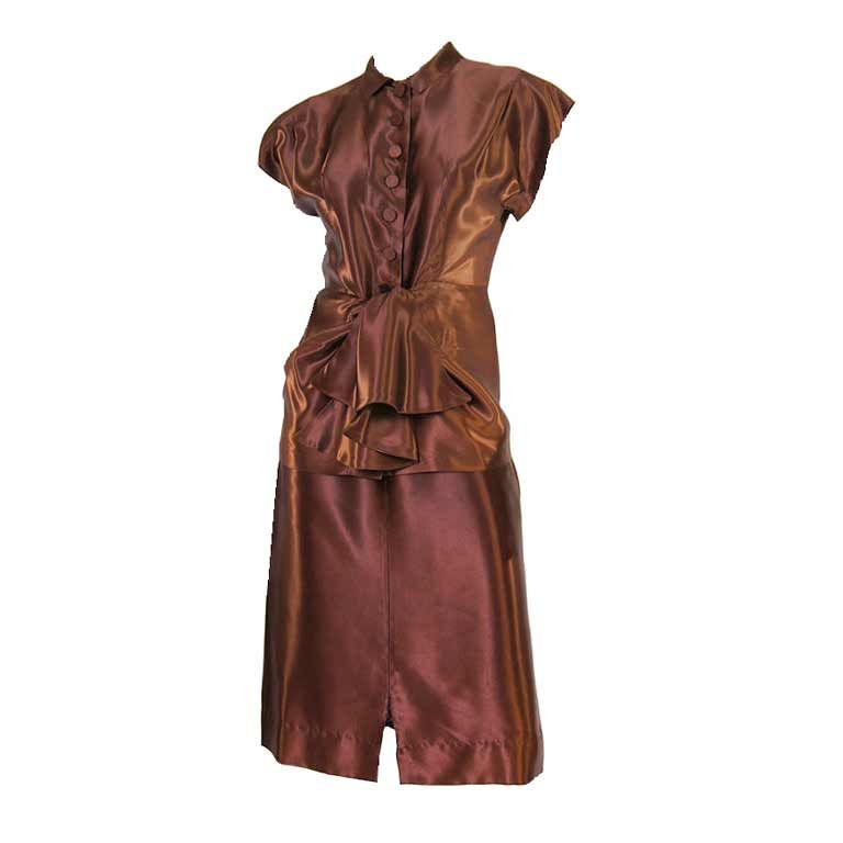 1940s Rare Liquid Silk Satin Copper Suit