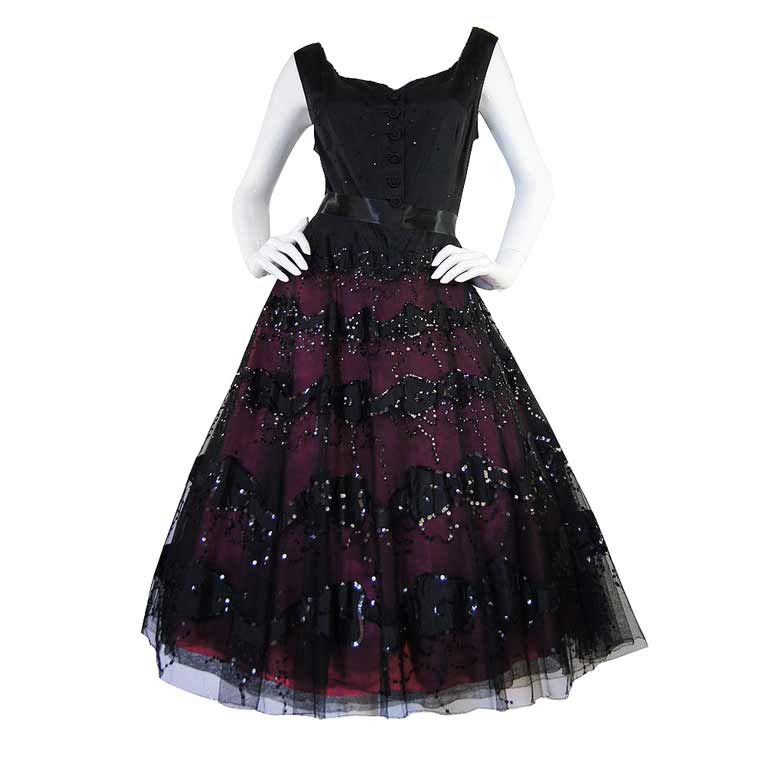 1950s Larger Sequin & Pink Skirted Dress