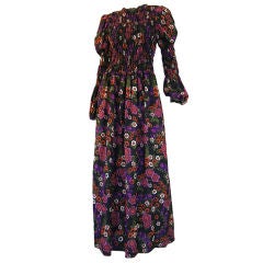 1970s Printed Floral Smocked Maxi Dress