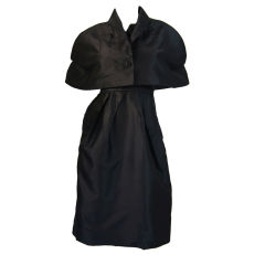 1950s Scupltural Silk Dress & Capelet Set