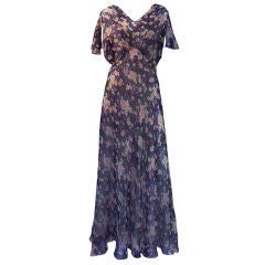 1930 Purple Floral Silk Chiffon Gown