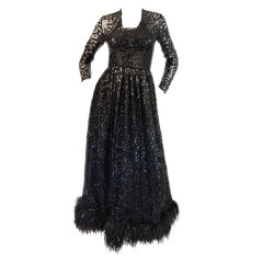 1960s Bill Blass Sequin, Silk Chiffon & Feather Detail Dress 2