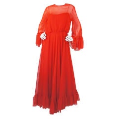 1970s Red Chiffon I Magnin Maxi Dress