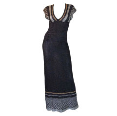 1970s Metallic Knit Plunge Maxi Dress