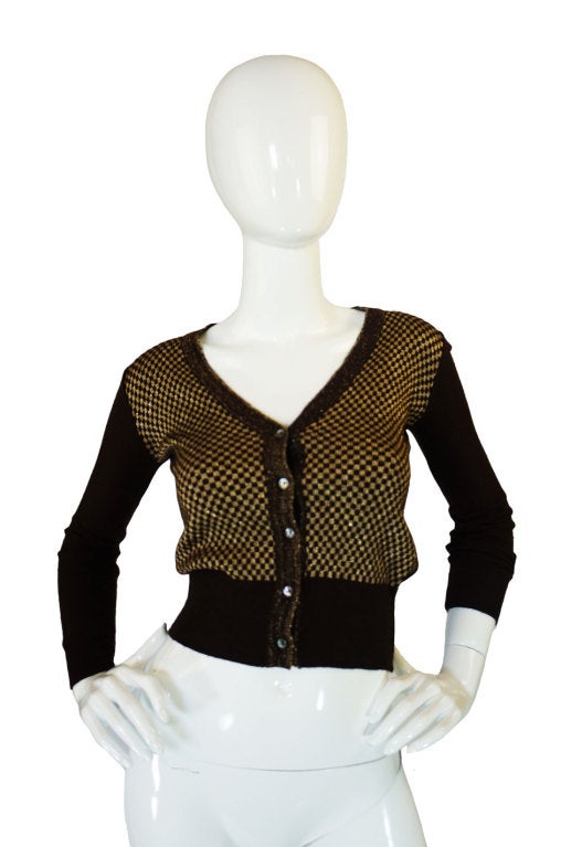 Insanely fabulous, skinny fit, early Biba cardigan sweater in a fantastic combination of browns and muted metallic gold! Biba did that sort of girlie meets boy Carnaby Street chic so well and this is a fantastic example of just that! This is a piece