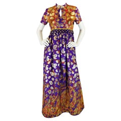 Vintage 1960s Purple Metallic Print Maxi Dress