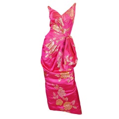 1950s Pink Silk Brocade Evening Gown