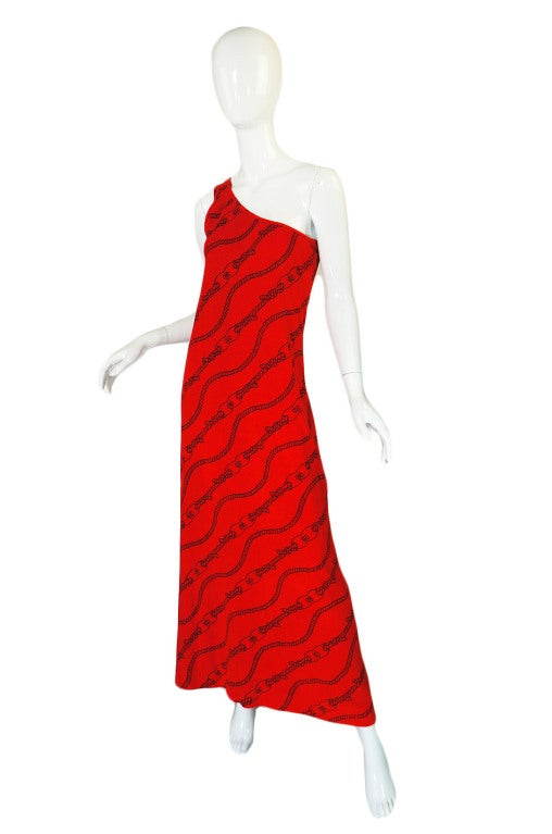 Red 1970s Gucci One Shoulder Maxi Dress