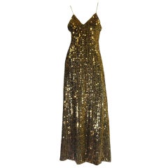 1970s Rare Biba Gold Sequin Maxi Dress