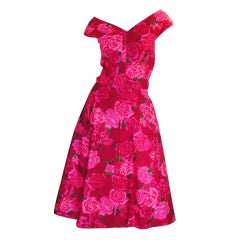 1950s Pink Floral Print Full Skirted Dress