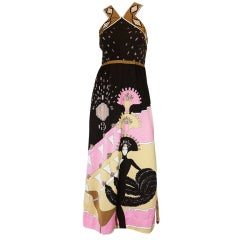 Retro 1970s Pink Printed Halter Paganne Dress