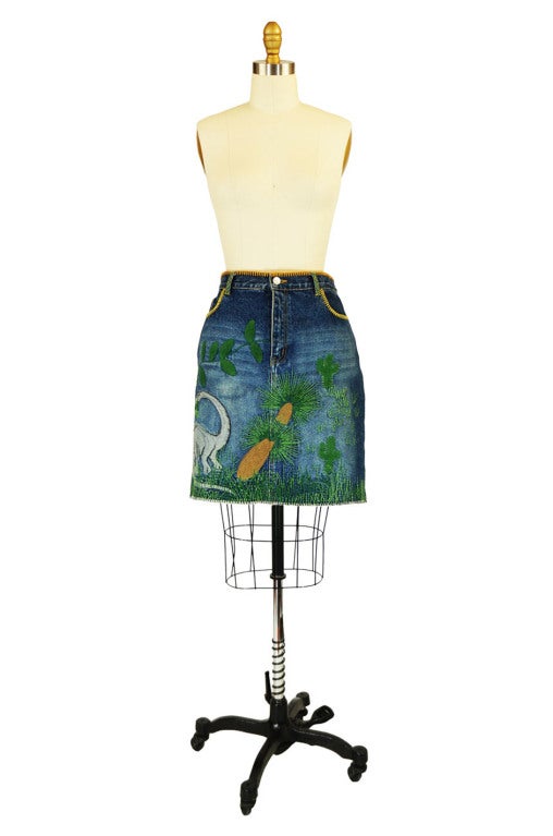 The Stella McCartney and Phoebe Philo era at Chloe (from 1997-2001) was the dream-team era. This hand-embroidered denim skirt shows their playful take on Chloe's diffusion line See by Chloe. Circa the 1999-2000 season it features elaborate allover