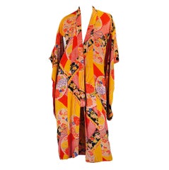 1930s Vibrant Coral Printed Silk Kimono