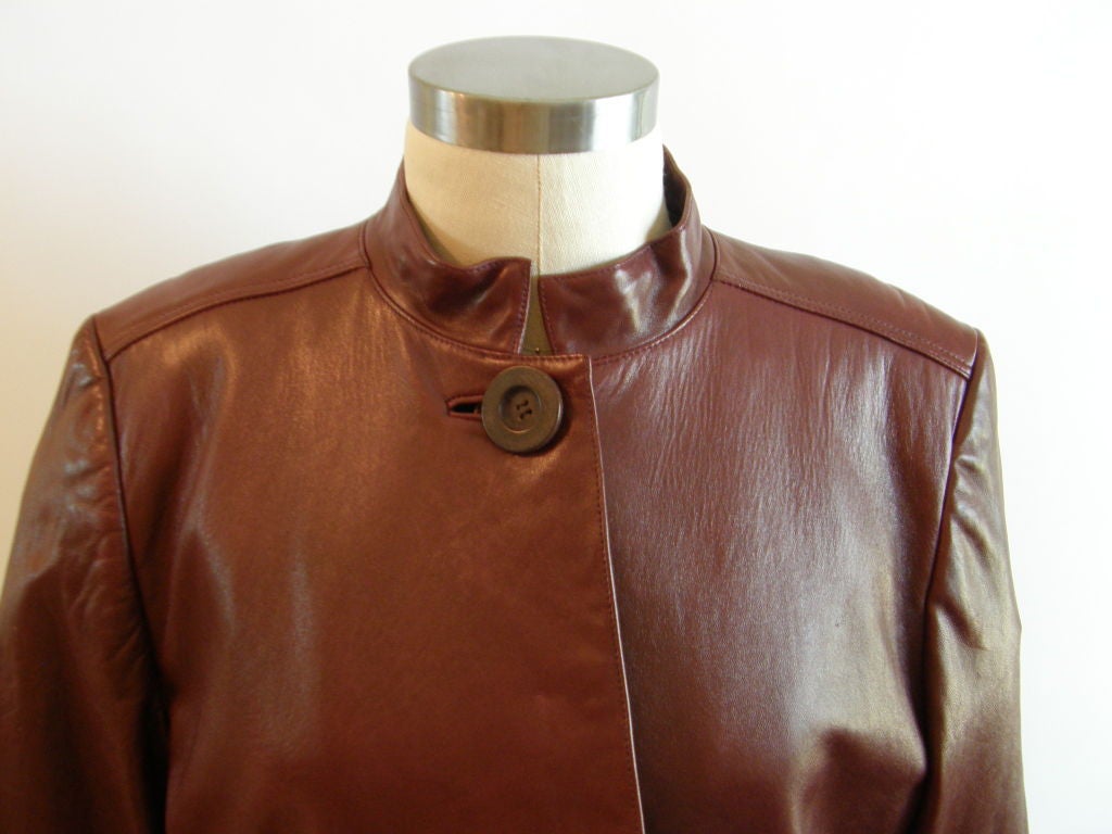 Very cool '80s Beene leather jacket.  Pretty bordeaux/burgundy color with back pleat.  Great color for fall/winter.  amazing piece in excellent condition.  Must-have for Beene collectors, shown with a navy blue Beene jumpsuit/underpinning that may