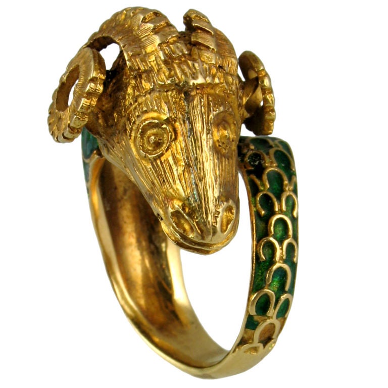 Enamel Ram's Head Ring For Sale