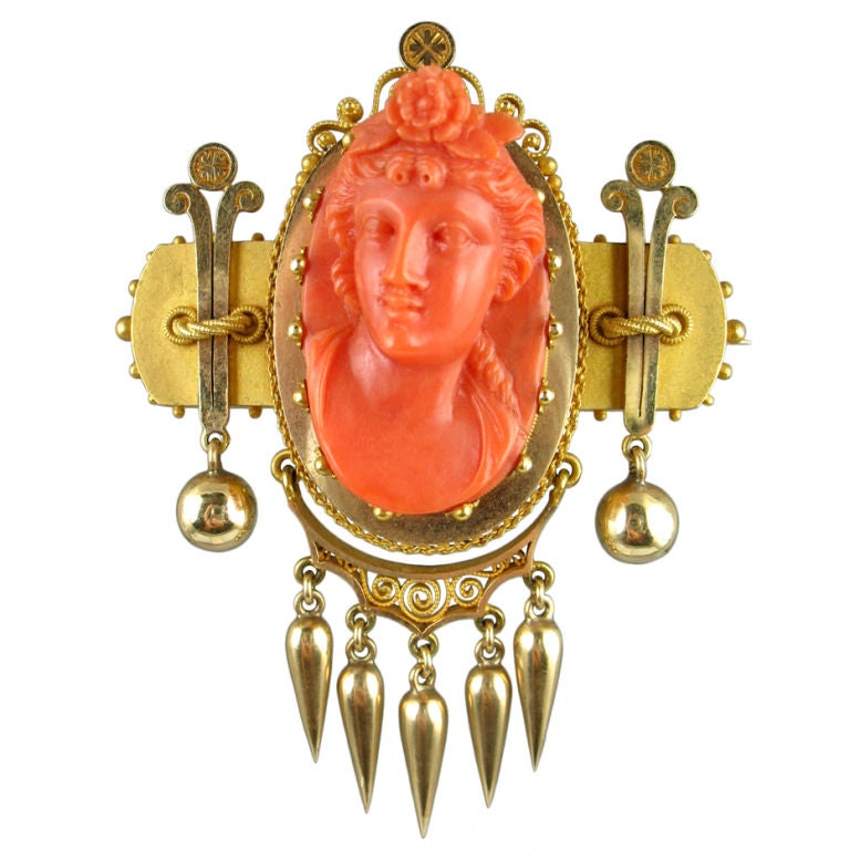 Victorian Coral Cameo Brooch For Sale