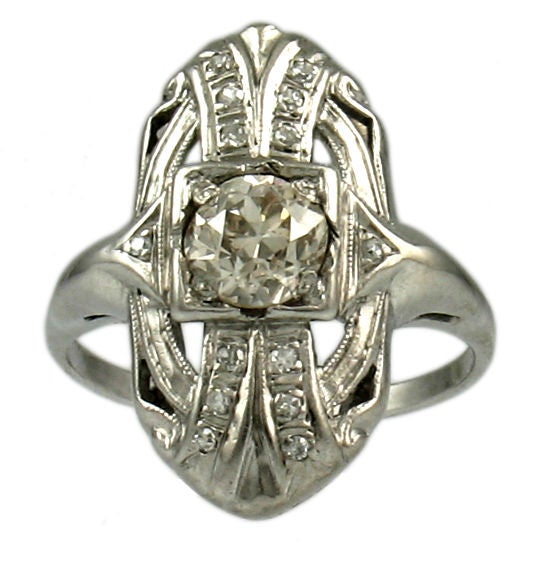 1920's Platinum Navette Ring, 0.57 Cape/VS2