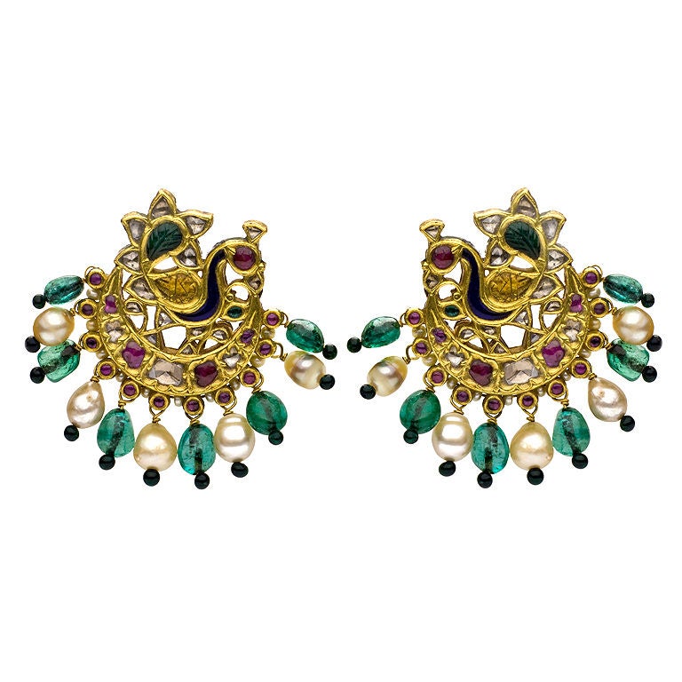 A Pair of  Mughal Indian  peacock earrings.Lucknow For Sale