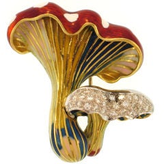 Vintage Whimsical Enamel and Diamond Mushroom Pin