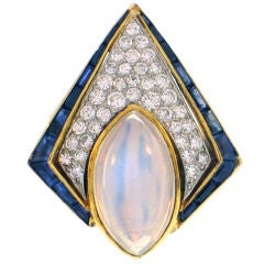 Retro Moonstone, Sapphire, and Pavé Diamond Ring