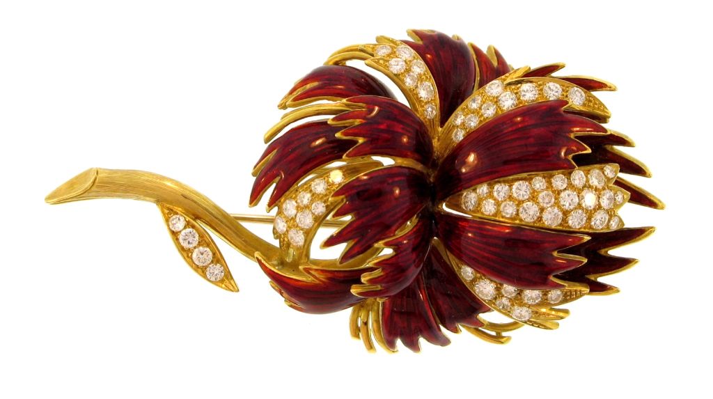 Deep Red Enamel and Pavé Diamond Floral Pin