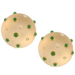 Frosted Quartz, Emerald & Diamond Button Dome Earrings
