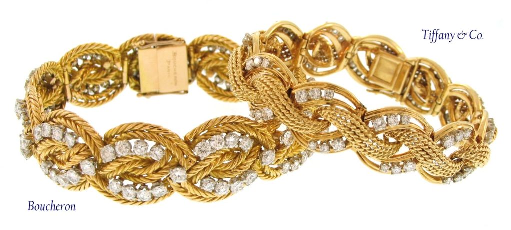 This BOUCHERON bracelet features 18k yellow gold bracelet with 11 links and 14 carats of diamonds. The bracelet does not lie flat as it is a hard link bracelet that wears similar to a bangle. It has a nice wide tongue and grove clasp with two safety