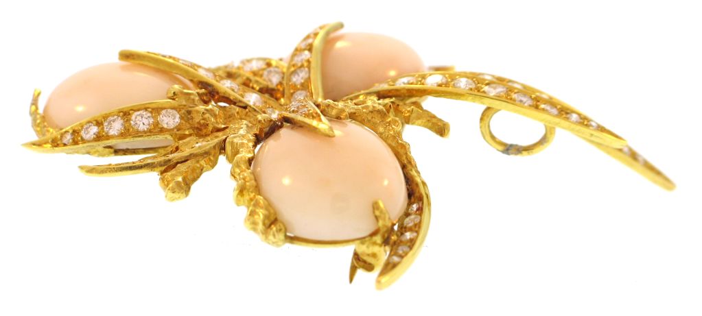 Unique Angel Skin Coral and Diamond Pin