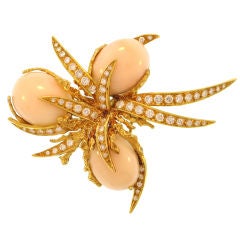 Unique Angel Skin Coral and Diamond Pin