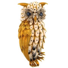 Detailed Enamel and Gemstone Owl Pin