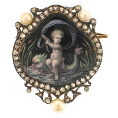 19th Century Enamel Pin with Seed Pearls and Diamonds