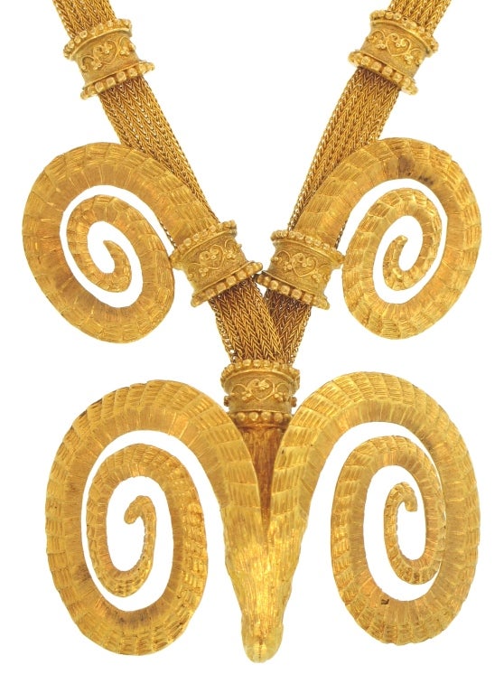 This necklace by ZOLOTAS features a detailed rams head, a thick mesh necklace and unique Etruscan style stations. The tongue and grove clasp has a figure-8 safety attached on the side.