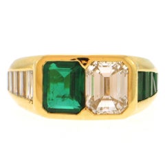 French Emerald Diamond Twin Stone Ring