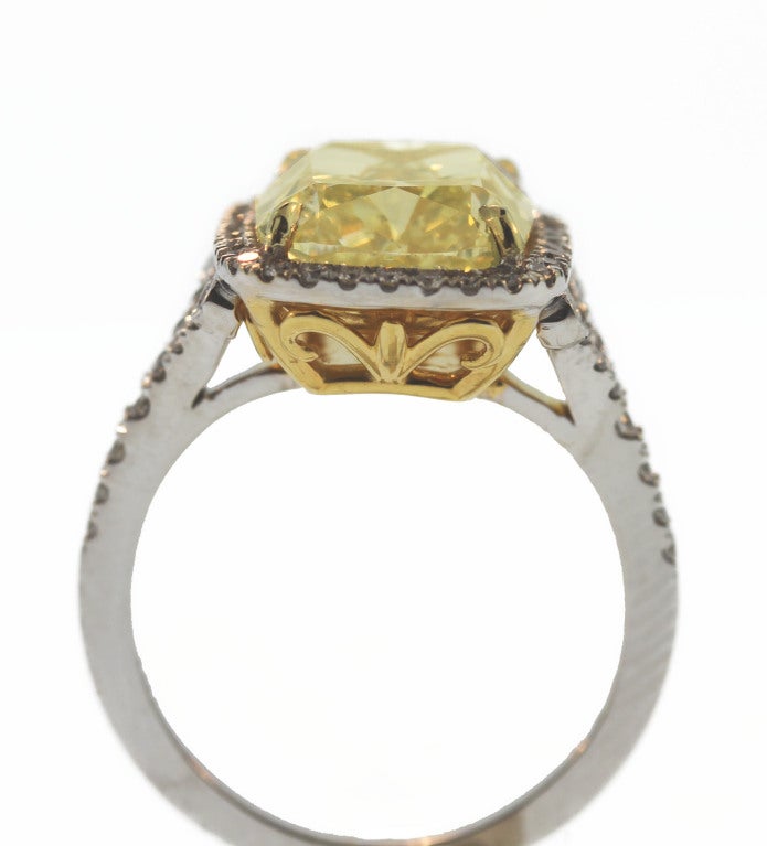 A beautiful 5 1/5 carat cushion cut yellow near flawless diamond ring with tremendous brilliance and sparkle. This will look great on your finger! Accented by smaller fine diamonds and set in 18k white and yellow gold. GIA report stating VS1 clarity