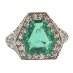 Art Deco Platinum, Emerald and Diamond Ring