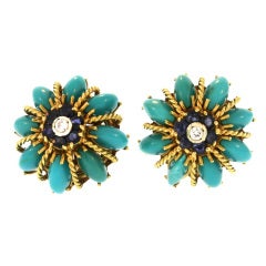 Tiffany & Co. Turquoise, Sapphire and Diamond Earclips