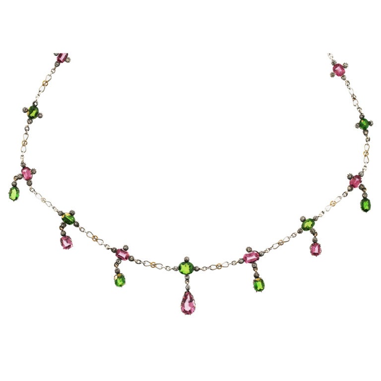Edwardian Demantoid Garnet and Pink Sapphire Necklace For Sale