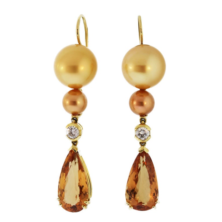 Kurt Wayne Imperial Topaz, Diamond and Cultured Pearl Earrings